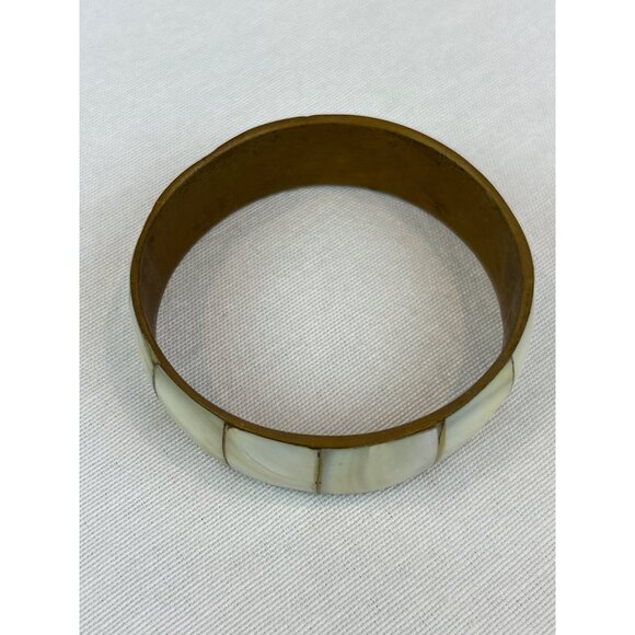 Vintage Brass Mother Of Pearl Bangle Bracelet 70s 80s Cream - Picture 3 of 7